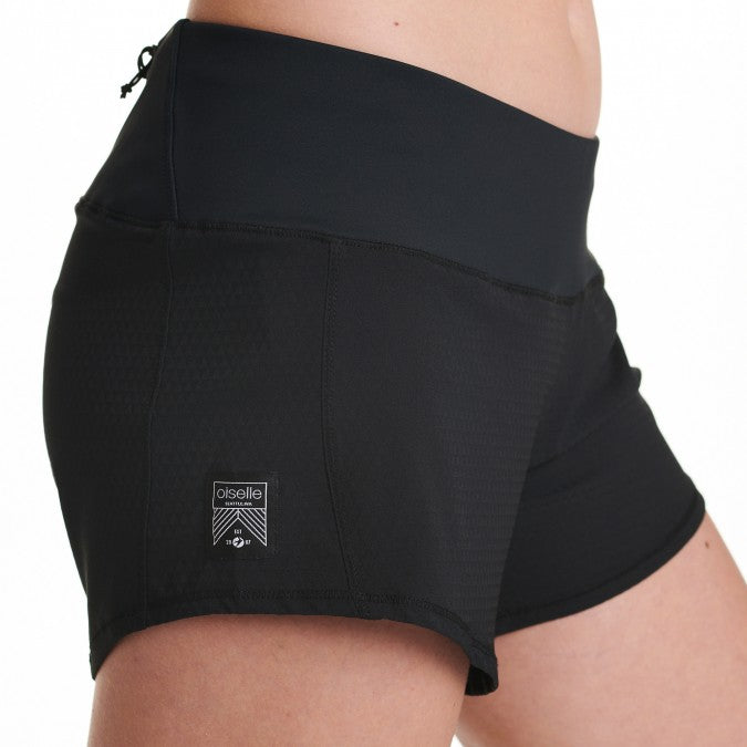 Oiselle Roga Shorts. Black. Lateral view.