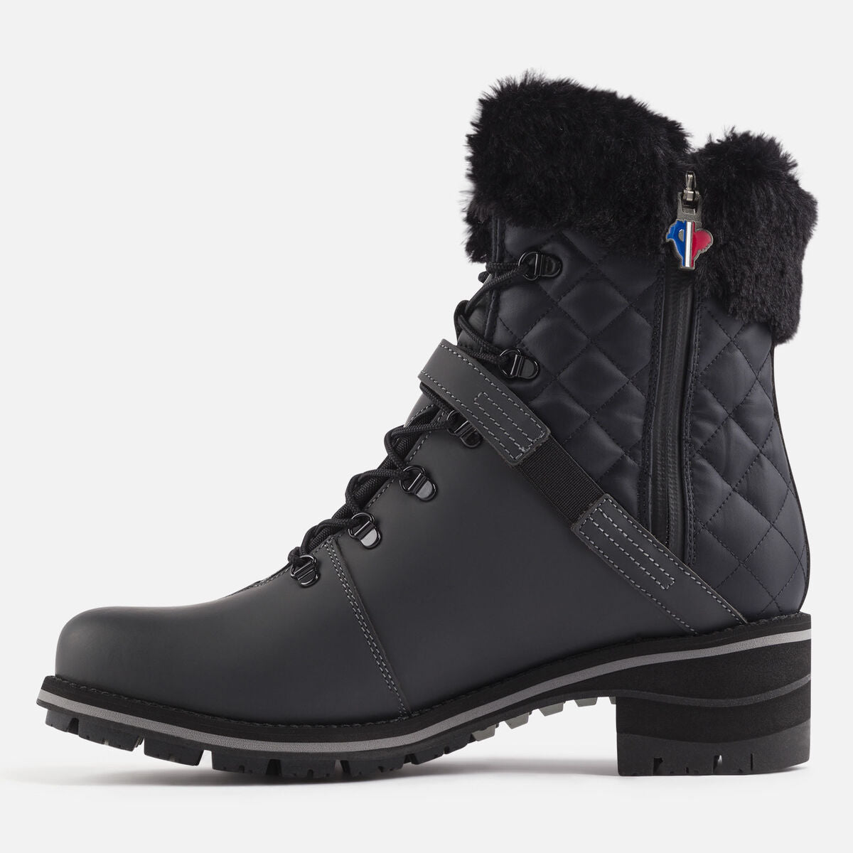 Rossignol 1907 Megève women's black leather winter boot, side and quilted faux-fur trim detail