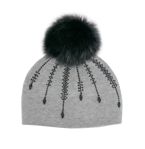 Gray beanie with black fur pom-pom and decorative beads on a white background