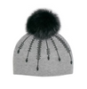 Gray beanie with black fur pom-pom and decorative beads on a white background