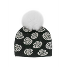black hat with white roses and white fur pom