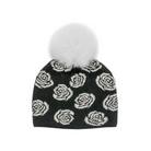 black hat with white roses and white fur pom