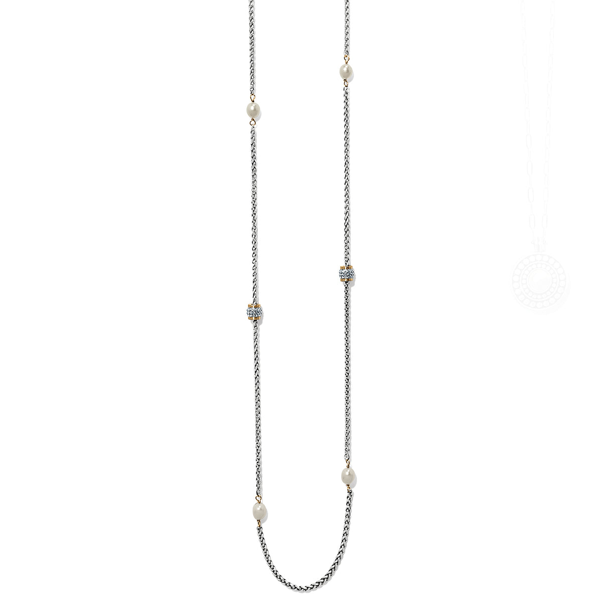 A two-tone long necklace with pearls and metallic embellishments on a chain.