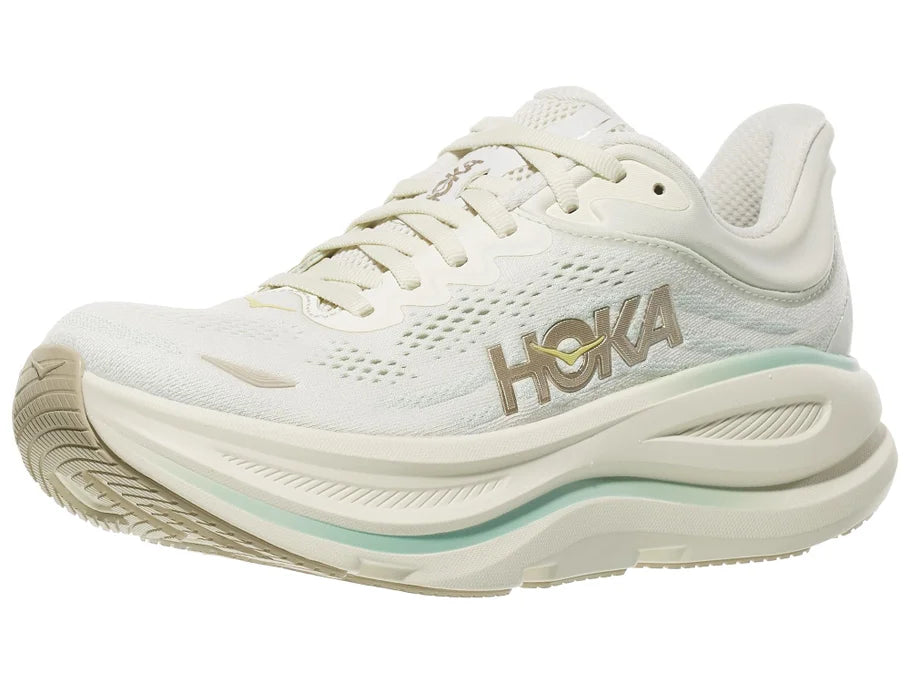 Women's Hoka Bondi 9. Off White upper. Off White midsole. Lateral view.
