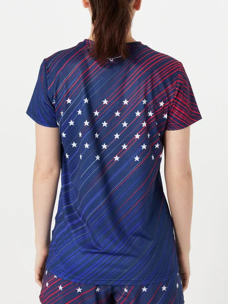 Women's Mizuno Patriot Short Sleeve. Red/White/Blue. Rear view.
