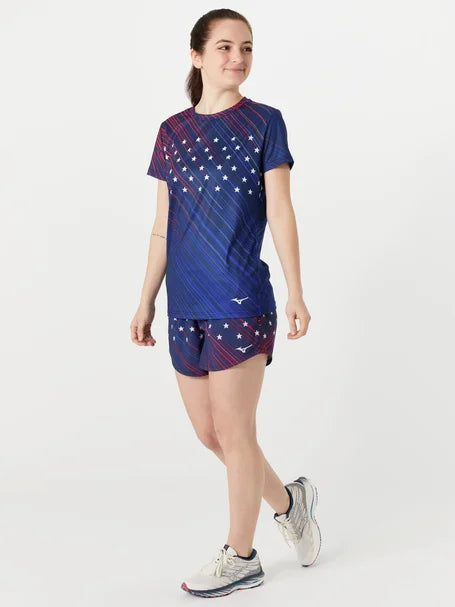 Women's Mizuno Patriot Short Sleeve. Red/White/Blue. Front view.