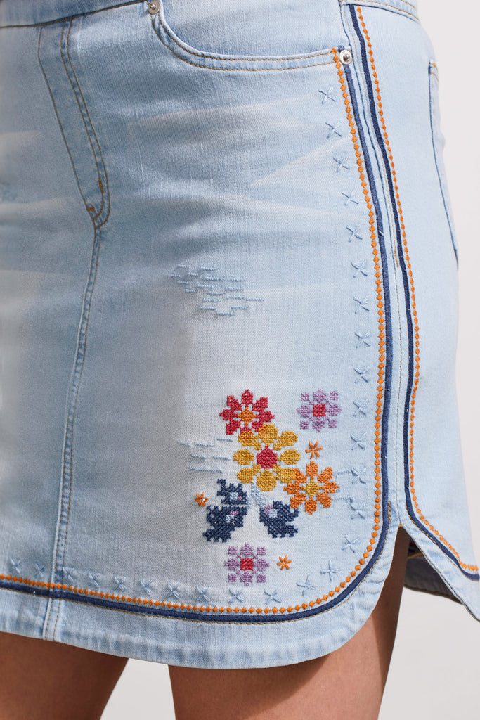 Women's Tribal Embroidered Skort. Light blue with small floral print. Up close view.