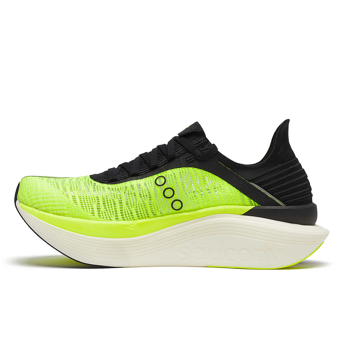 Unisex Saucony Endorphin Elite 2. Yellow/Black upper. White midsole. Medial view.