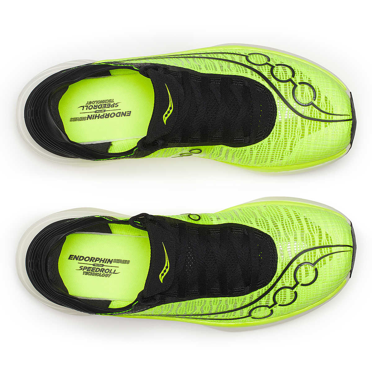 Unisex Saucony Endorphin Elite 2. Yellow/Black upper. White midsole. Top view.