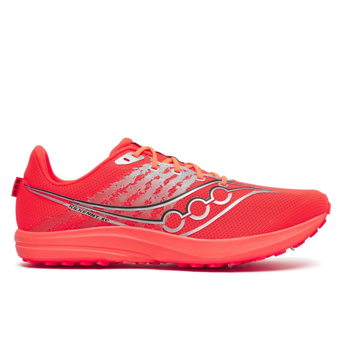 Saucony Kilkenny XC 10 in ViziRed/Silver – lateral view.