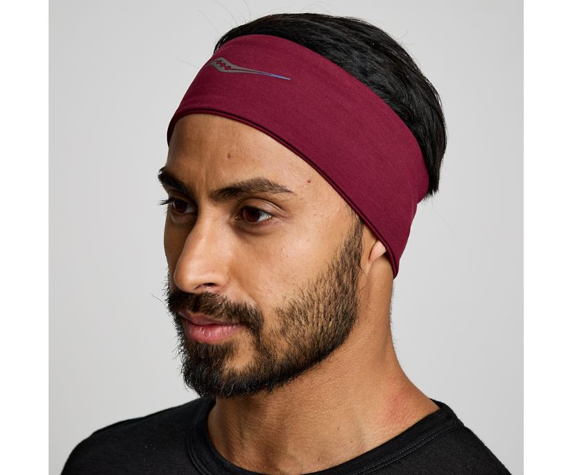 Unisex Saucony Solstice Headband. Dark Red. Front/Lateral view.
