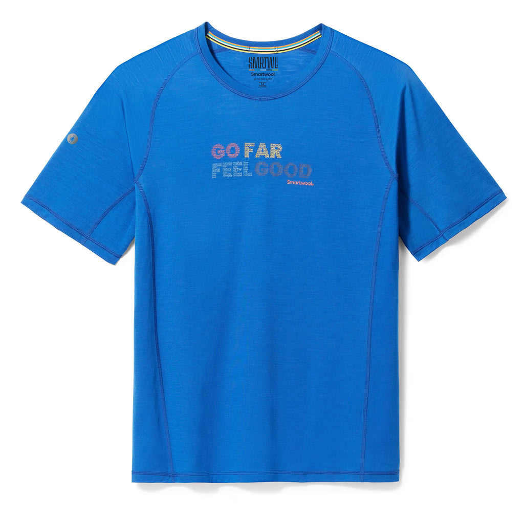 Smartwool Active Short Sleeve | Blue | Graphic Font | Go far feel good | Front View