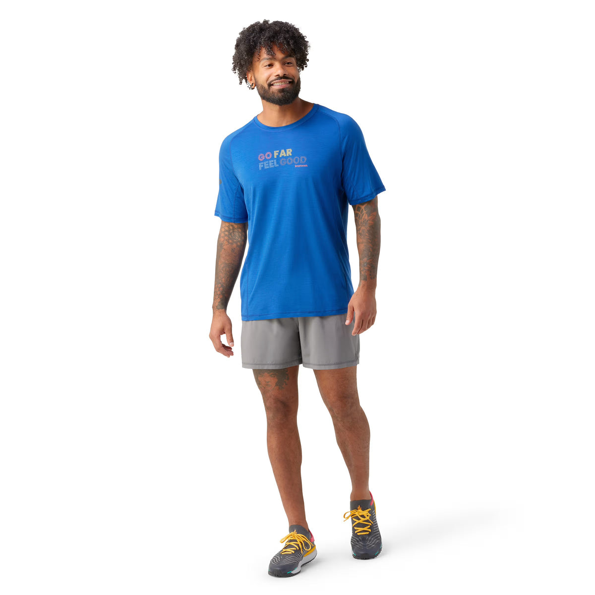 Smartwool Active Short Sleeve | Blue | Graphic Font | Go far feel good | Front/Lateral View