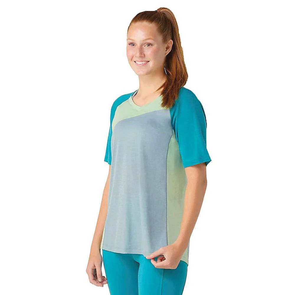 Smartwool Ultralite Short Sleeve | Multi Color | Blue, Green, and Grey | Lateral/Front View