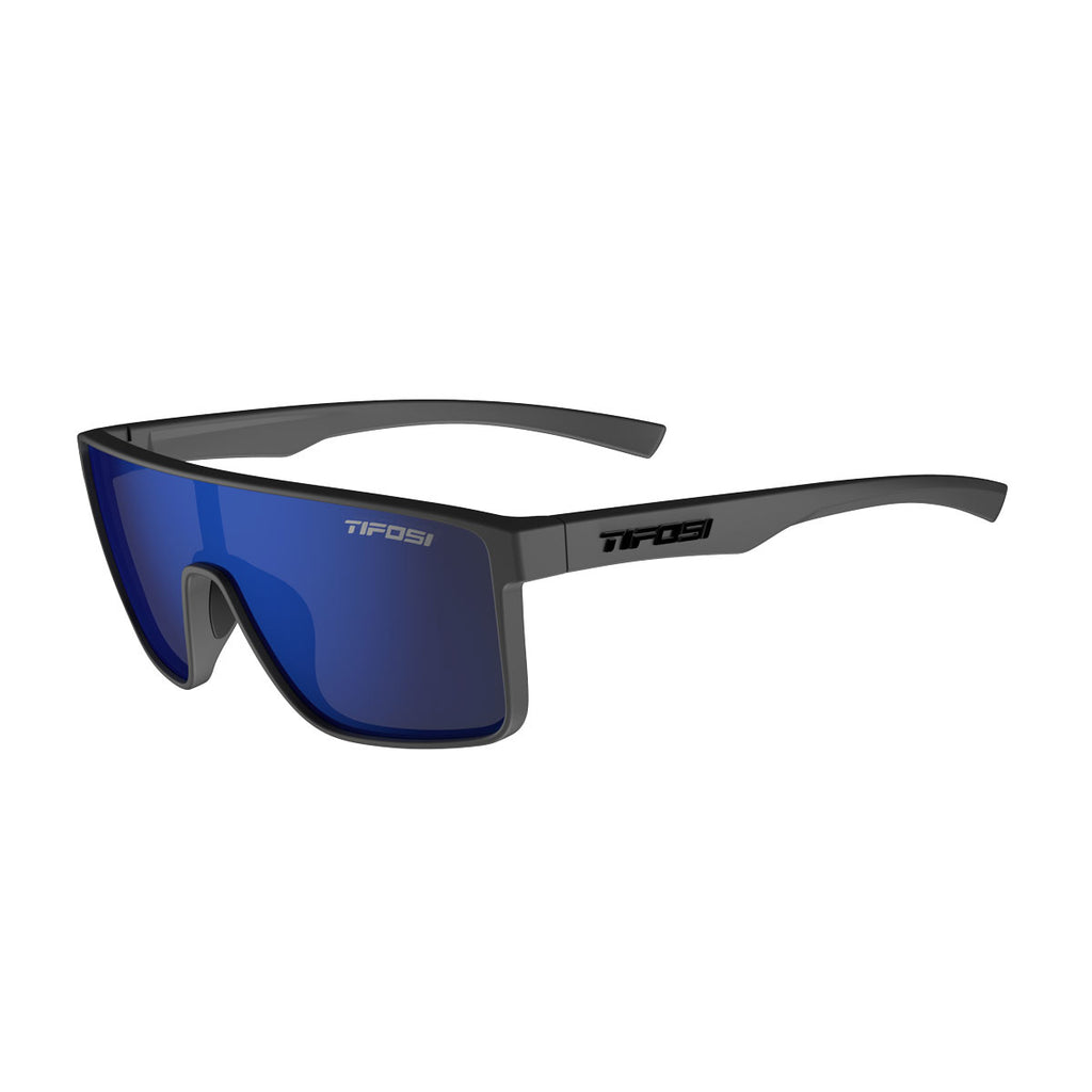 Tifosi Sanctum Sunglasses. Grey frames. Blue lenses. Lateral view.
