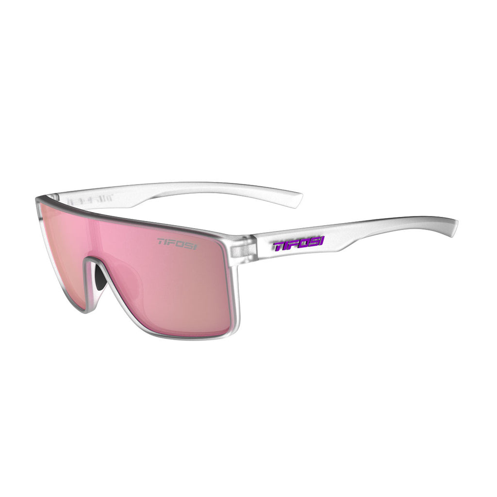 Tifosi Sanctum Sunglasses. Clear frames. Pink lenses. Lateral view.