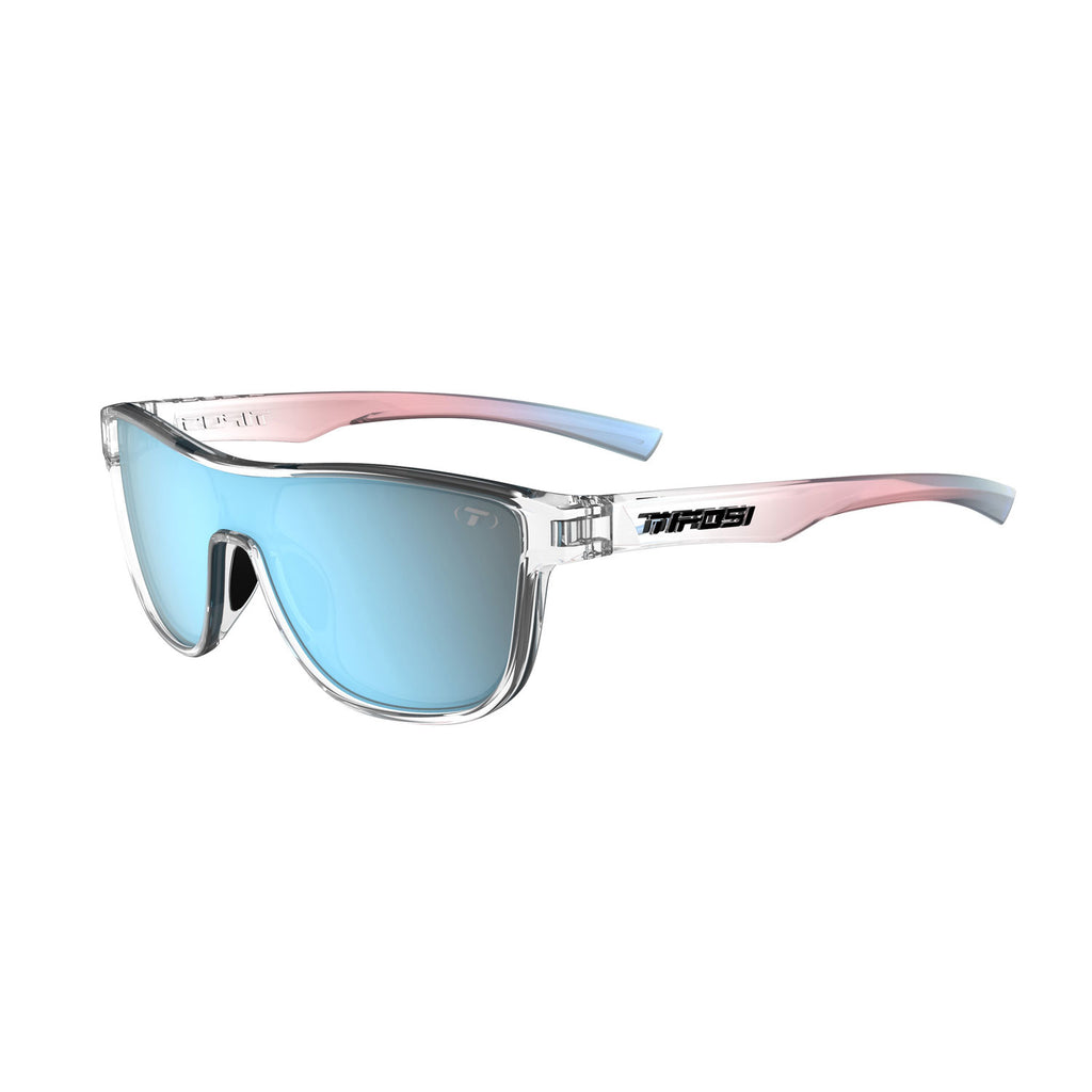 Tifosi Sizzle Sunglasses. Clear Frames. Blue Lenses. Lateral view.