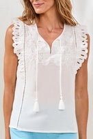 Tribal Cap Frill Sleeve Poplin Blouse With Embroidery Women's Ocean Pearl