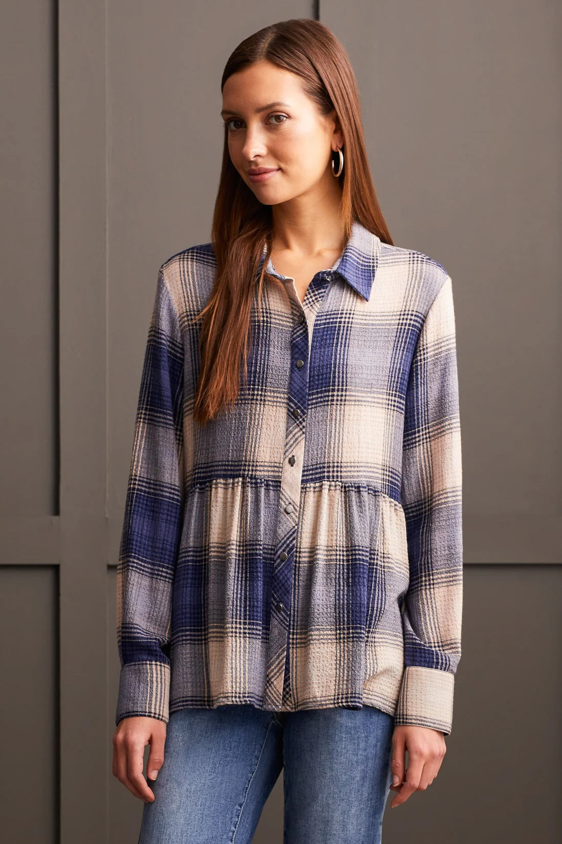 Tribal Plaid Peplum Button Up Women's