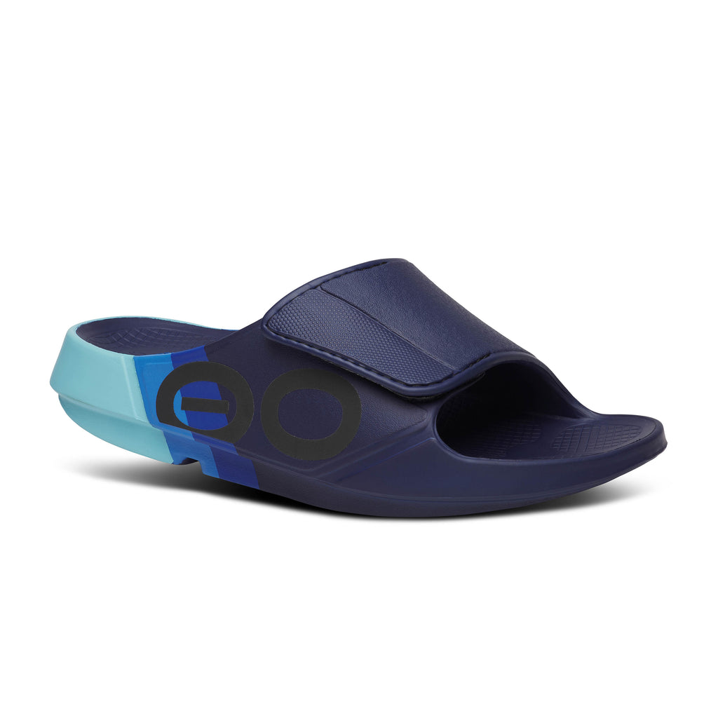 Unisex Oofos Ooahh Sport Flex Sandal. Blue. Lateral view.