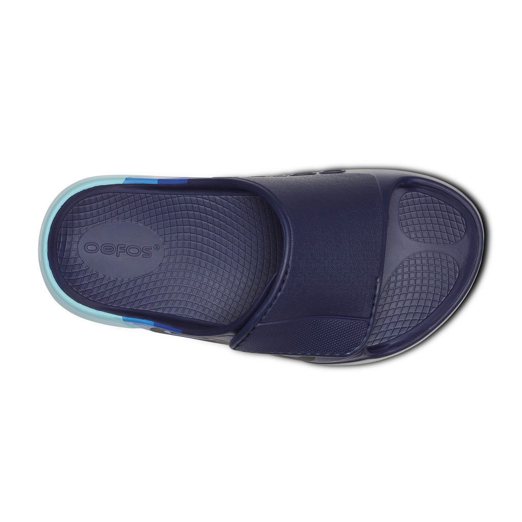 Unisex Oofos Ooahh Sport Flex Sandal. Blue. Top view. 