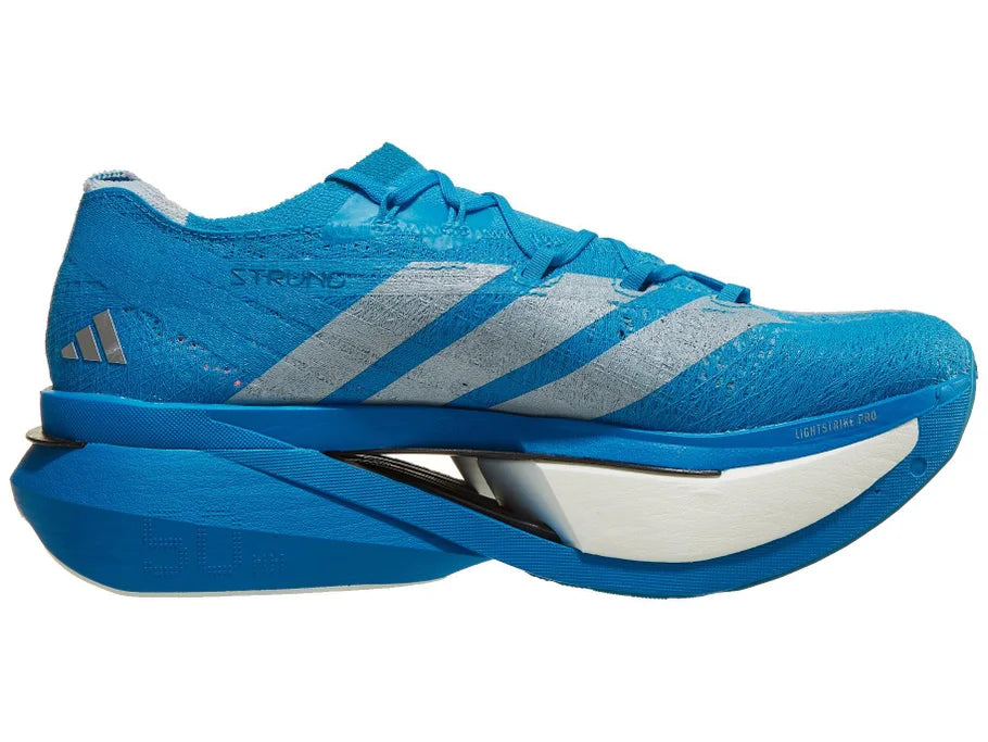 Unisex Adidas Adizero Prime X3 Strung. Blue upper. Blue midsole. Medial view.