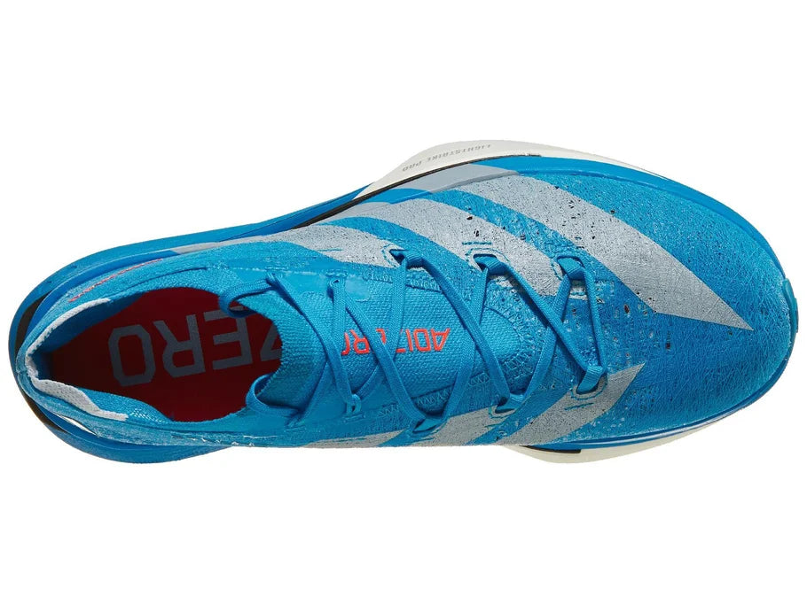 Unisex Adidas Adizero Prime X3 Strung. Blue upper. Blue midsole. Top view.