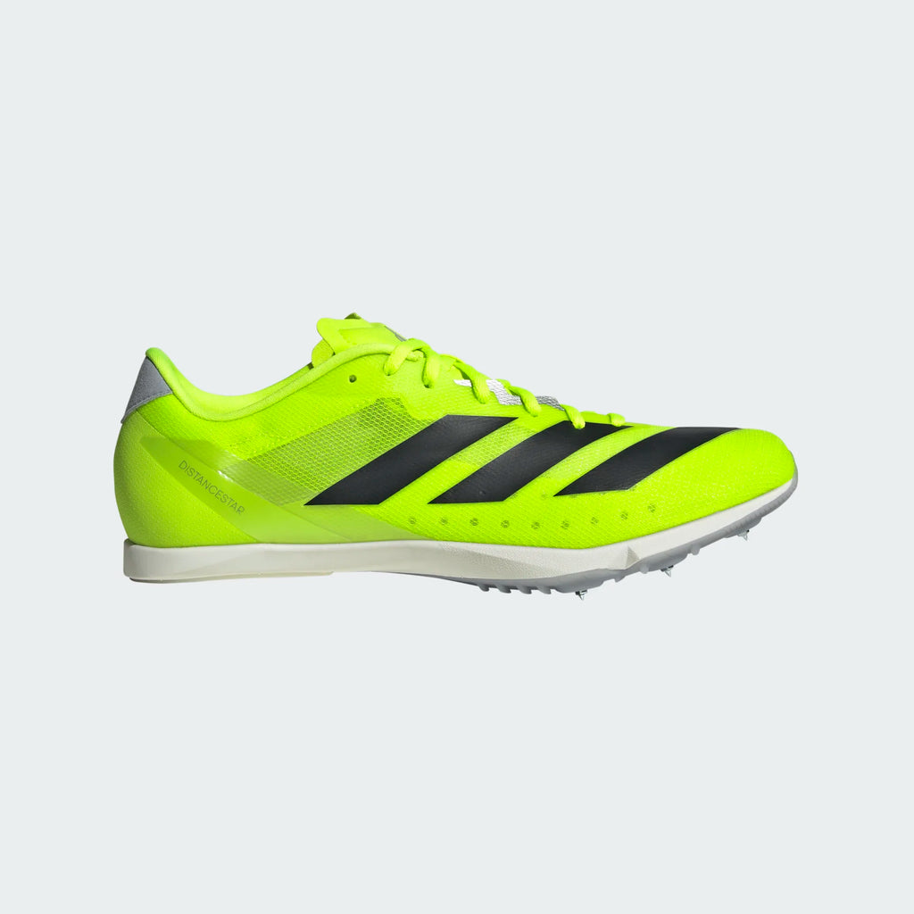 Unisex Adidas Distancestar. Neon yellow upper. White midsole. Lateral view.