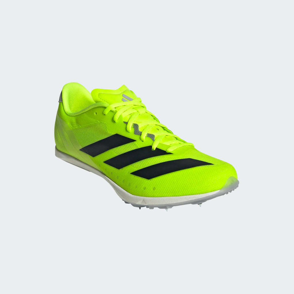 Unisex Adidas Distancestar. Neon yellow upper. White midsole. Lateral view.