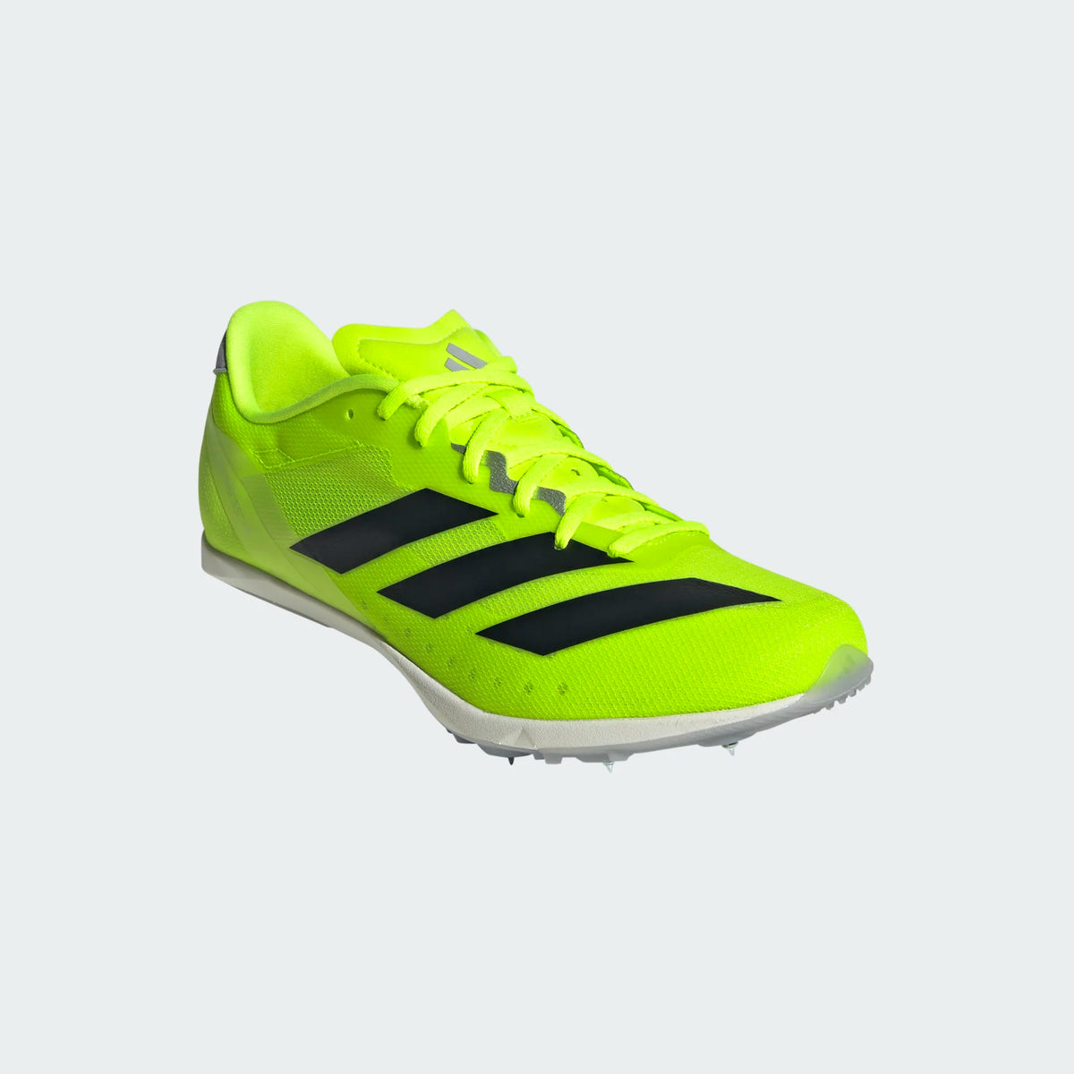 Unisex Adidas DistanceStar. Neon yellow upper. White midsole. Lateral view.