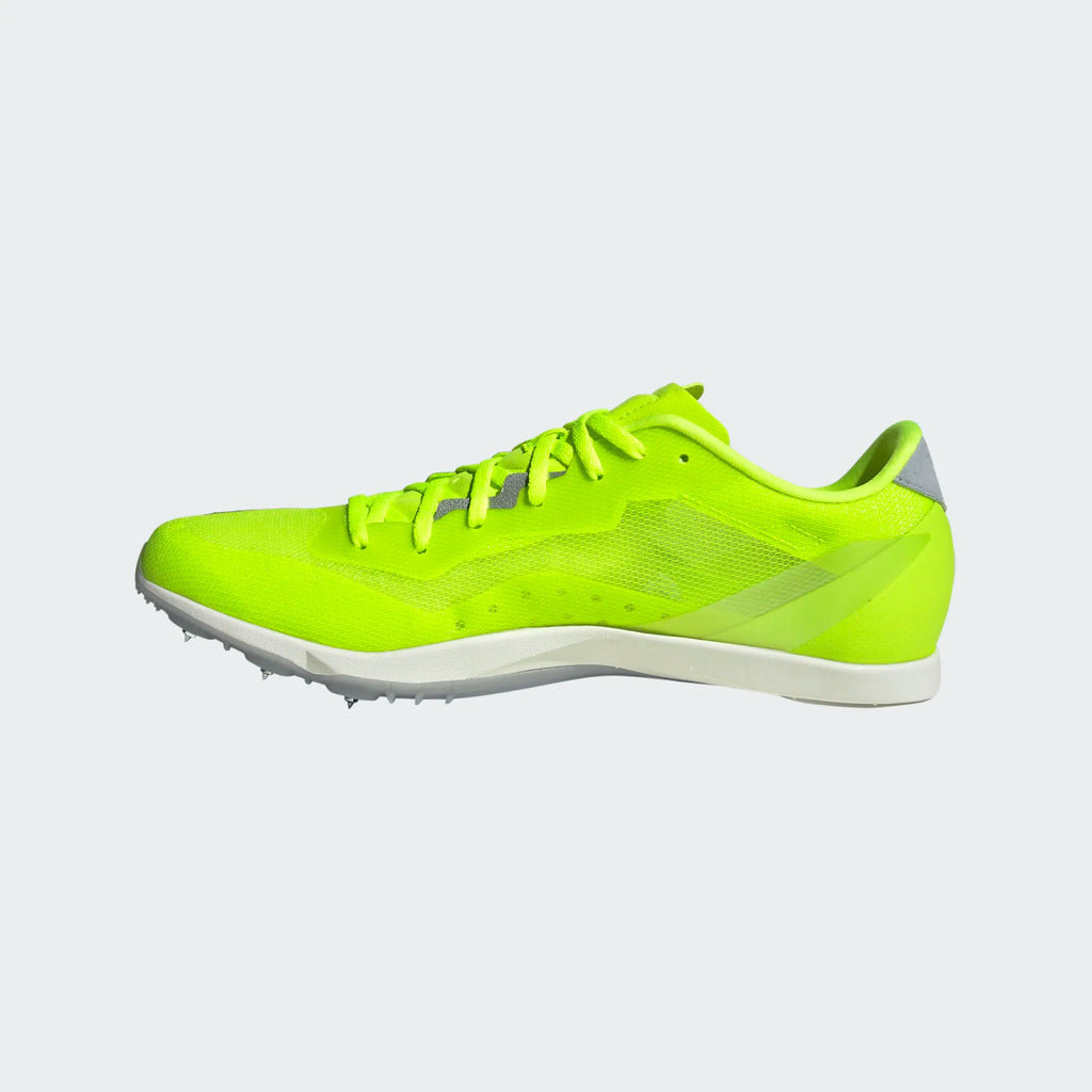 Unisex Adidas Distancestar. Neon yellow upper. White midsole. Medial view.