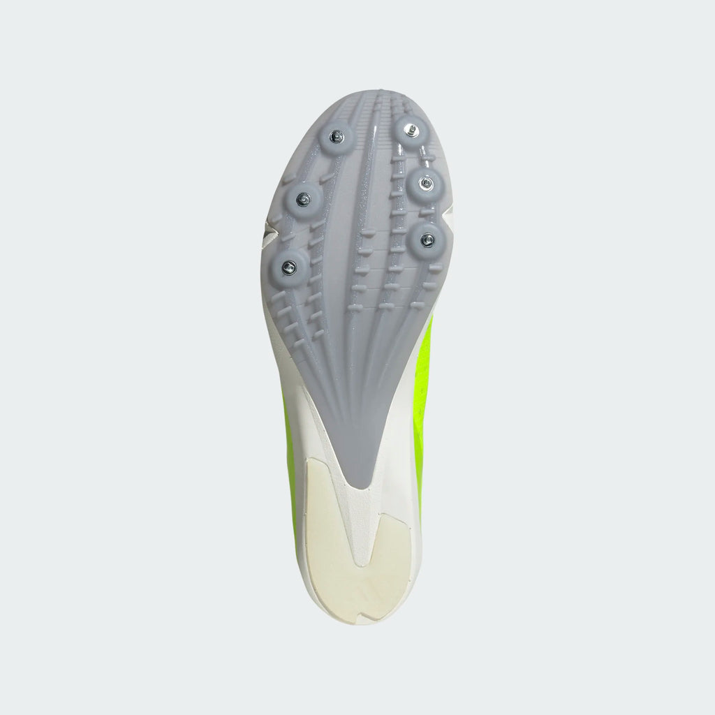 Unisex Adidas Distancestar. Neon yellow upper. White midsole. Bottom view.