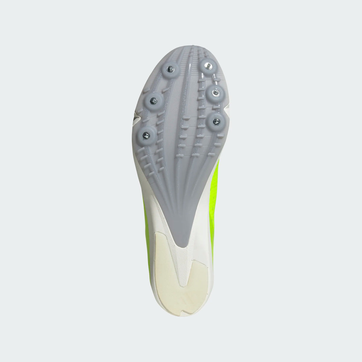 Unisex Adidas DistanceStar. Neon yellow upper. White midsole. Bottom view.