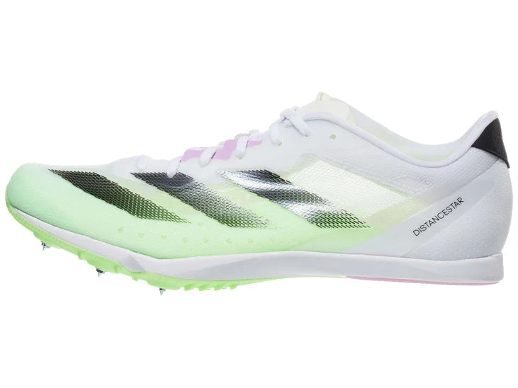 Unisex Adidas DistanceStar. White upper with green and black accents. Lateral view.