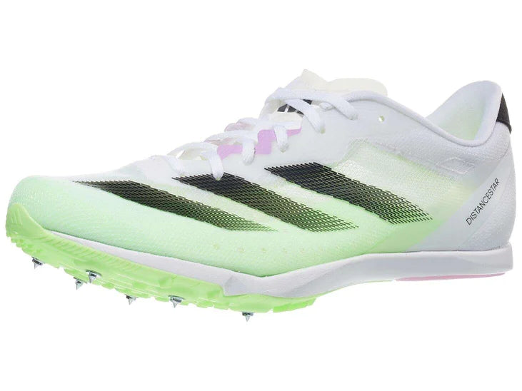 Unisex Adidas DistanceStar. White upper with green and black accents. Lateral view.