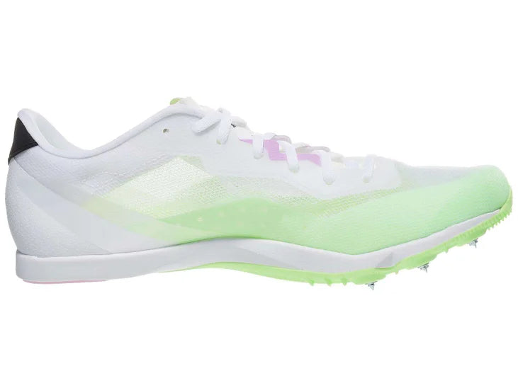 Unisex Adidas DistanceStar. White upper with green accents. Medial view.