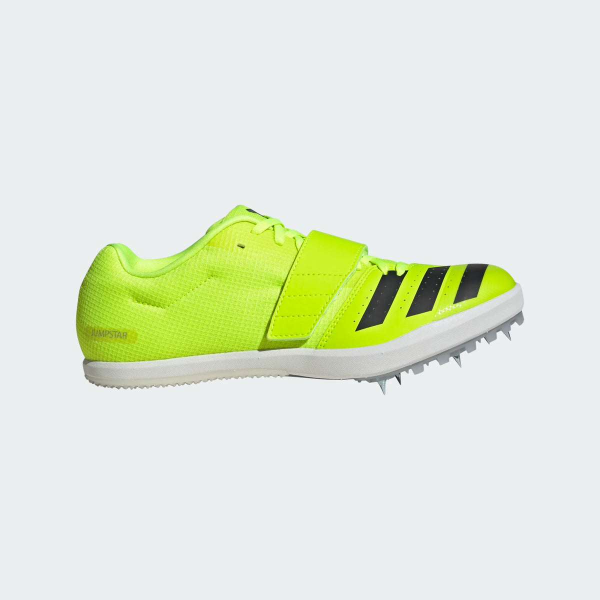 Unisex Adidas Jumpstar. Neon yellow upper. White midsole. Lateral view.