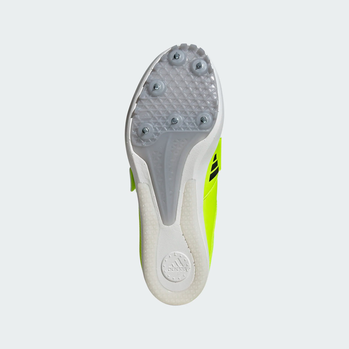 Unisex Adidas Jumpstar. Neon yellow upper. White midsole. Bottom view.