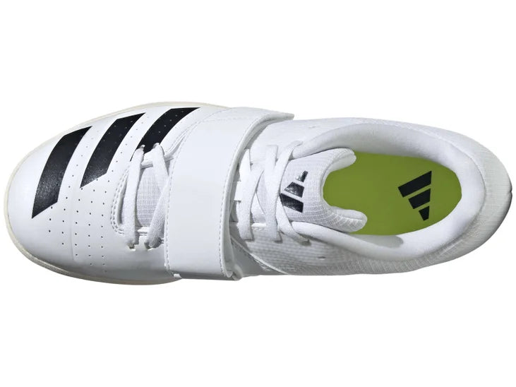 white sneaker with black stripes and velcro strap over laces. top view.