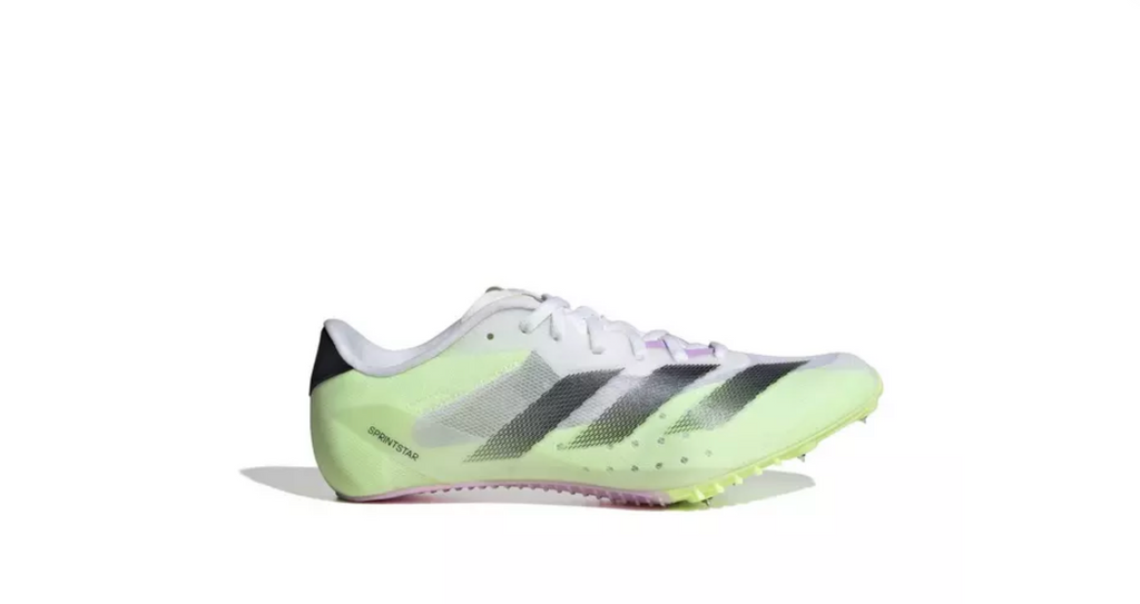 Unisex Adidas Sprintstar. White, black, and green upper. Lateral view.