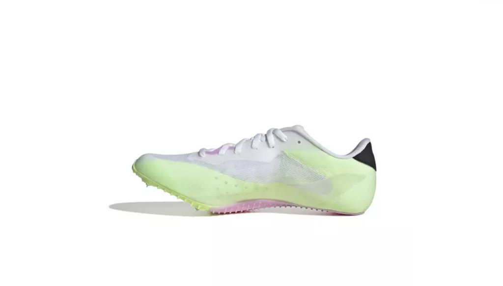 Unisex Adidas Sprintstar. White, black, and green upper. Medial view.