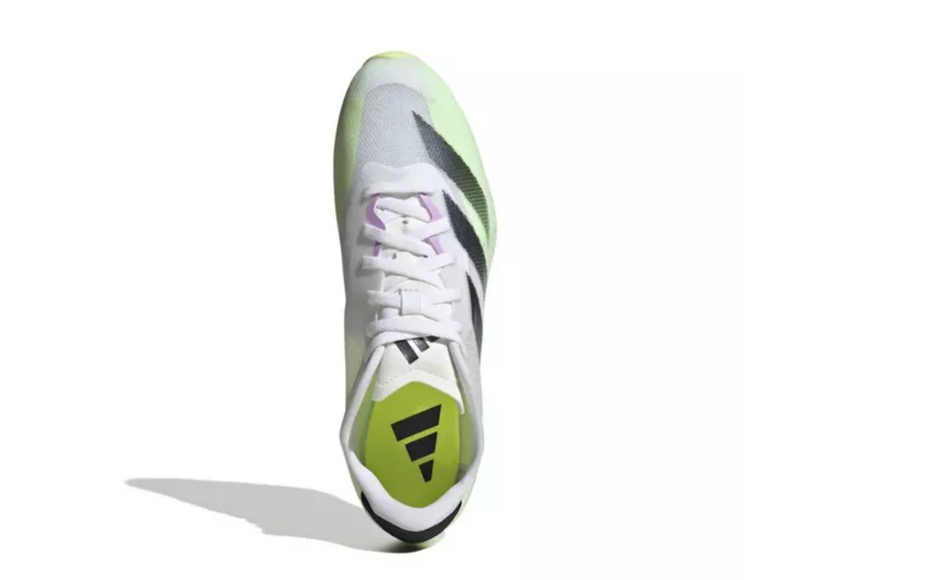 Unisex Adidas Sprintstar. White, black, and green upper. Top view.