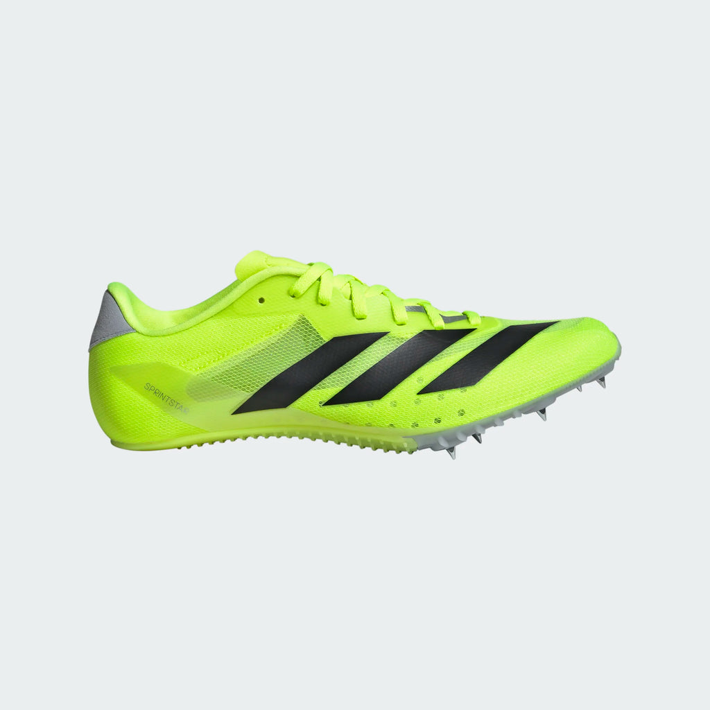 Unisex Adidas Sprintstar. Neon yellow upper. Neon yellow midsole. Lateral view.