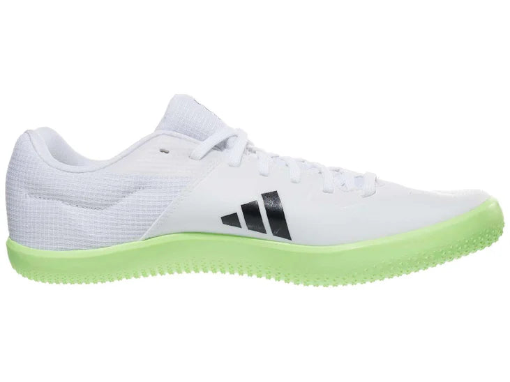 white sneaker with black adidas logo and green bottom. medial view.