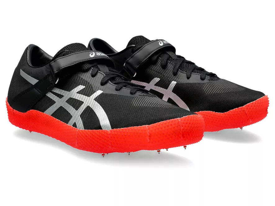 Unisex Asics High Jump Pro Left. Black upper. Red midsole. Lateral view.