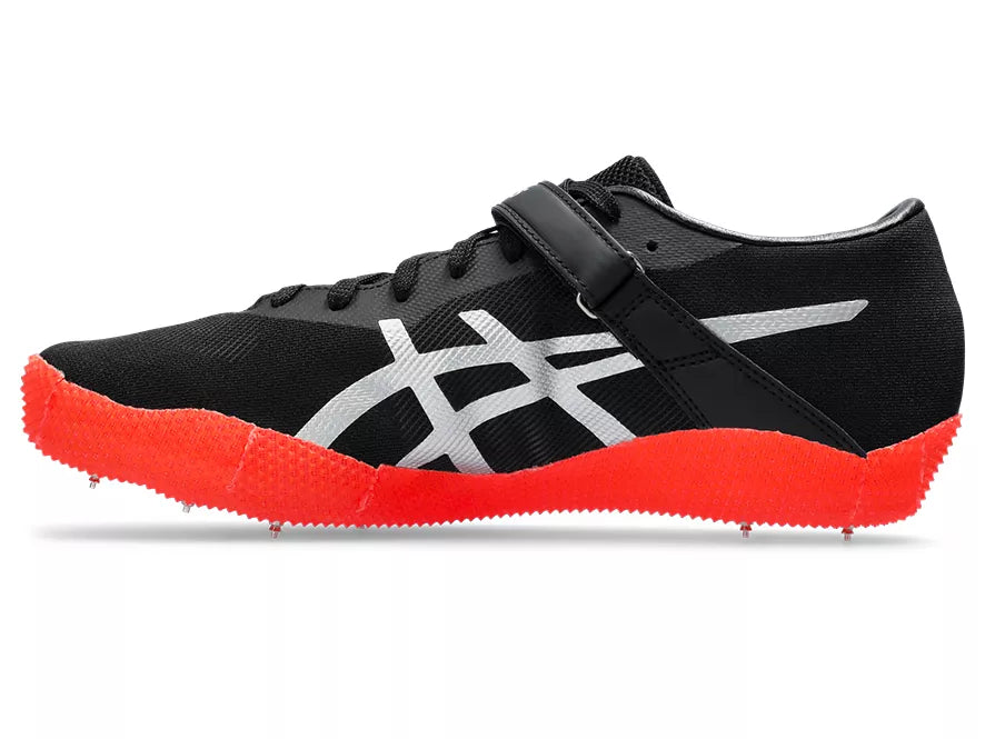 Unisex Asics High Jump Pro Right. Black upper. Red midsole. Medial view.