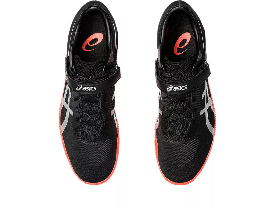 Unisex Asics High Jump Pro Right. Black upper. Red midsole. Top view.