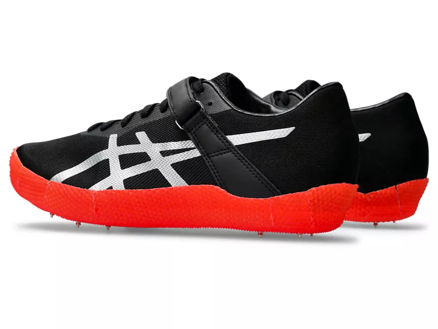 Unisex Asics High Jump Pro Right. Black upper. Red midsole. Lateral view.