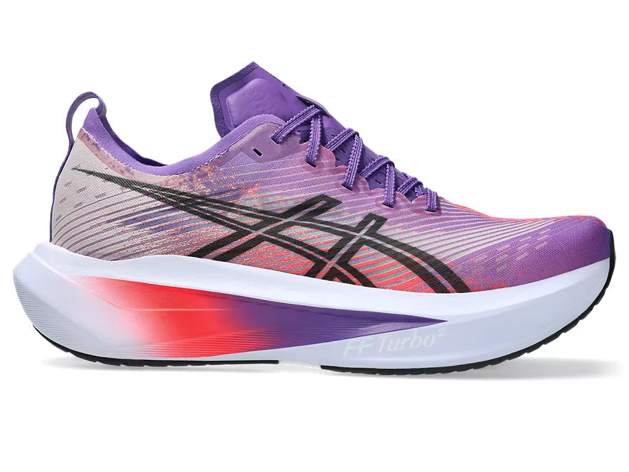 Unisex Asics Megablast. Purple upper. White midsole. Lateral view.