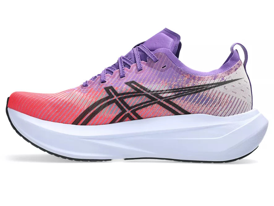 Unisex Asics Megablast. Purple upper. White midsole. Medial view.